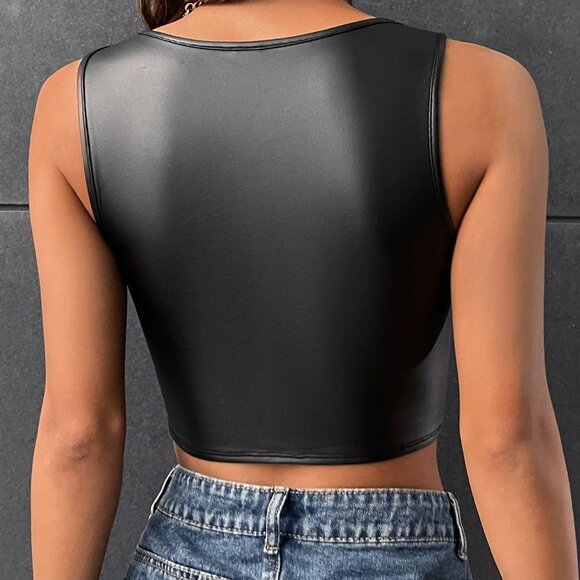 Black Preppy Womens Square Neck Asymmetrical Hem PU Tank Top - Picture 2 of 6